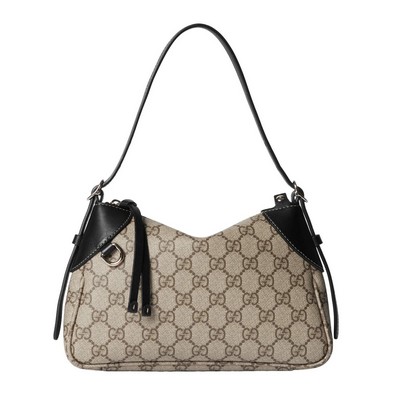 Gucci GG Emblem Supreme Canvas Leather Shoulder Bag Black Beige