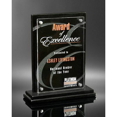 Simstone Black Desk Award w/Acrylic Panel on Silver Stand-Offs