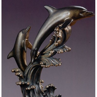 Two Silver Finish Dolphins Trophy w/Waves & Rectangle Base (22"x23.5")