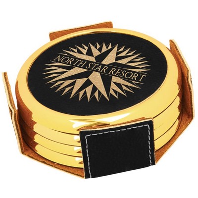 Leatherette Round Coaster Set – Black/Gold