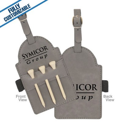 Gray Leatherette - 5X3.25" Golf Bag Tag With 3 Wooden Tees