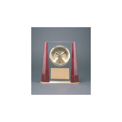 Glass Desk Clock with Rosewood Finish Bevel Columns