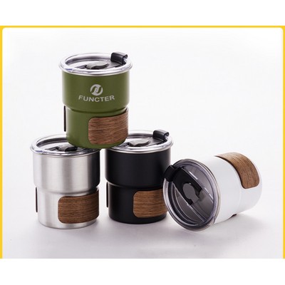 10 oz Coffee Mug Camping Mug with Flip Lid Stainless Steel Travel Tumbler Cup W/ Wood Hand Protector