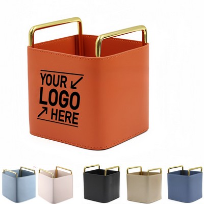 Leather Desktop Organizer Iron Art Makeup Brush Storage Box