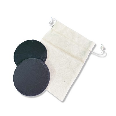 Round Slate Coaster (set Of 2) In Cotton Bag