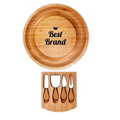 Round Bamboo Cheese Board Set With Serving Tools