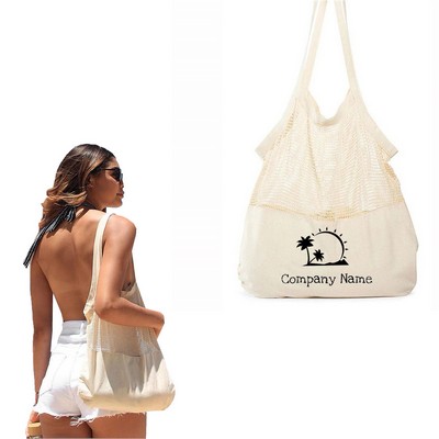 Cotton Canvas Mesh Beach Tote Bag