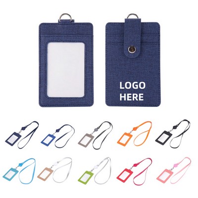 PU Leather ID Holder w/ 2 Card Slots and Retractable Lanyard