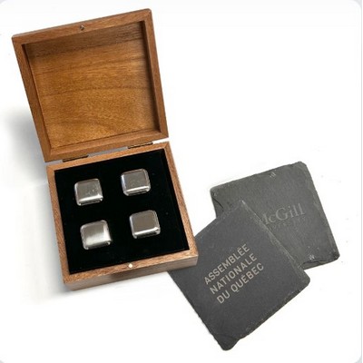 Slate Coaster And Ice Cube In Wooden Box