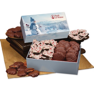 Peppermint Bark & Pecan Clusters in Gift Box with Blue Snowman Sleeve