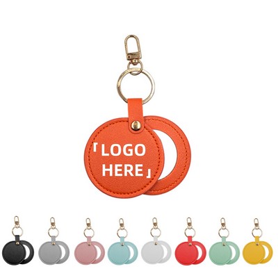 Round Leather Compact Mirror Keychain