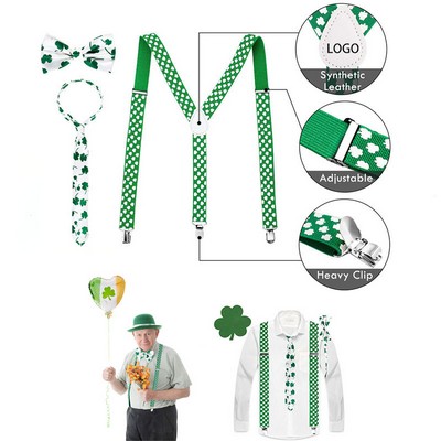 St. Patrick's Day Shamrock Suspenders Bowtie Necktie 3pcs