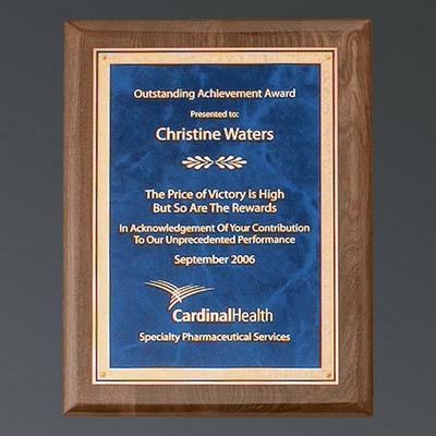 Premium Walnut Piano Finish Rectangle, Sapphire Blue Brass Plate w/Florentine, Large (9"x12")