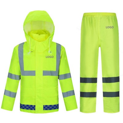 High Visibility Rain Suit Set with Reflective Strips for Outdoor Work Safety