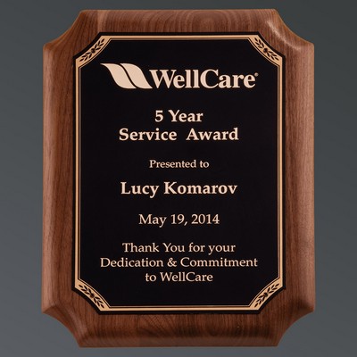 Genuine American Walnut with Notched Corners, Black Brass Plate/Gold Florentine, Small (7"x9")