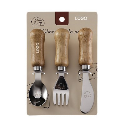 304 Stainless Steel Kids Smile Cutlery Set Wooden Handle Cheese Knife Fork Steak Knife