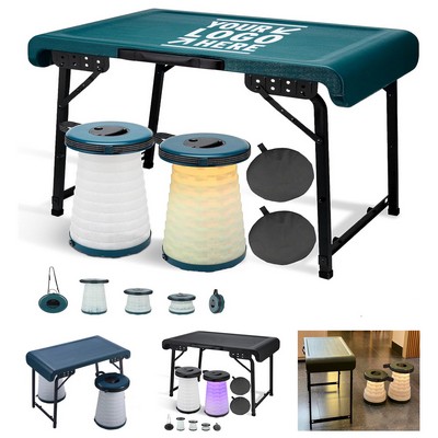 3 Lightting Modes Height Adjustable Indoor Outdoor Portable Folding Stool Telescopic Table Set
