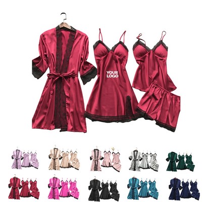 Women Pajama Satin Lingerie Robe Set