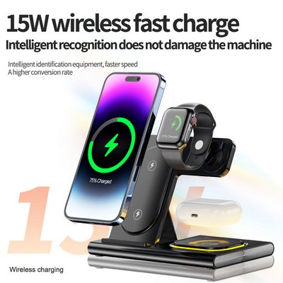 3-In-1 15W Foldable Wireless Charger Stand For Cell Phone, Apple Watch, Air Pods