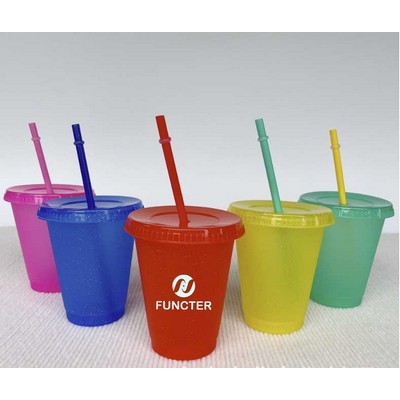 16 oz. Glitter Powder Color Changing Stadium Cups W/ Straw