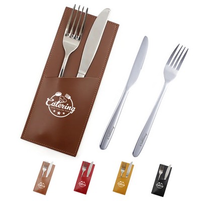 2 Pcs Cutlery with PU Leather Sleeve Fork Knife in Pouch Bag